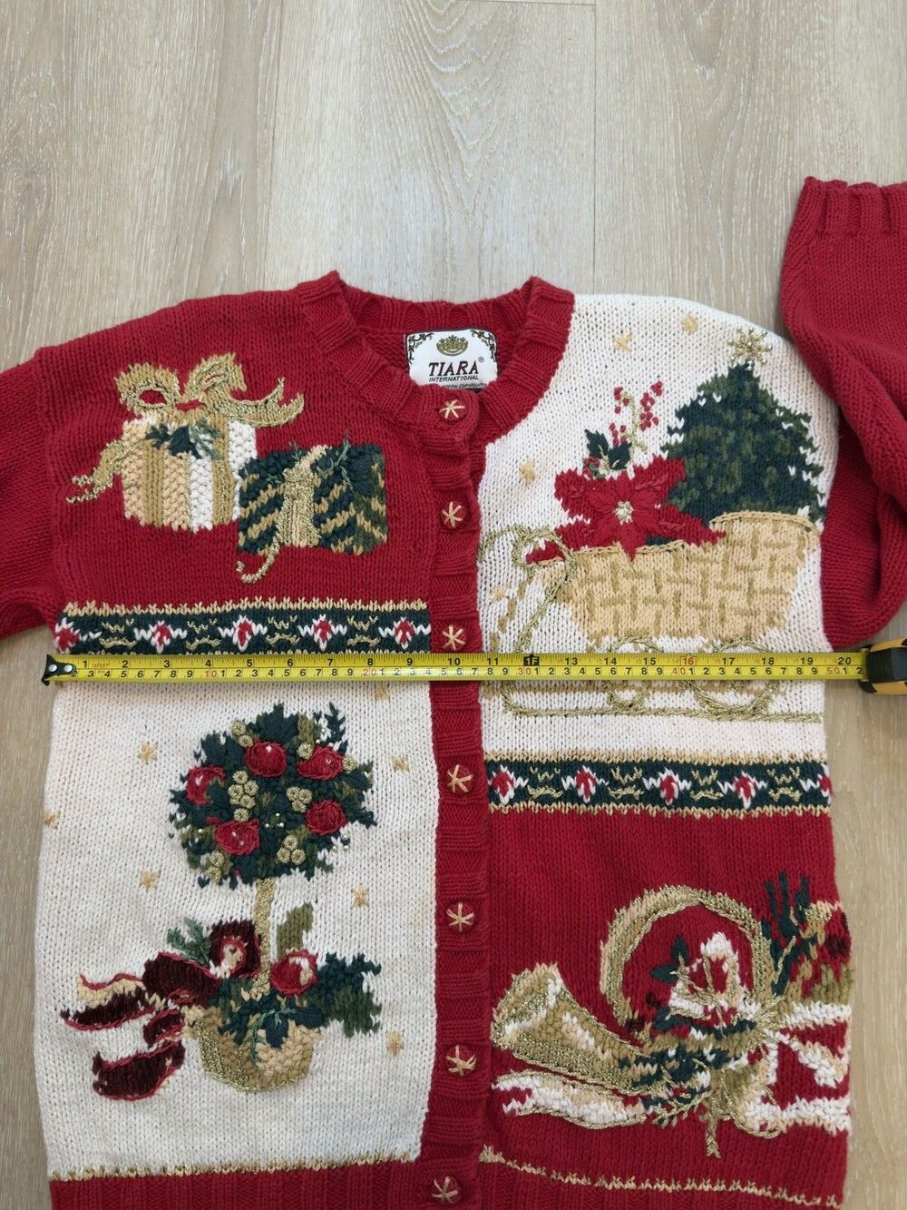 VTG Y2K Tiara International Christmas Cardigan Ugly Grandma Sweater S Patchwork - Picture 6 of 15